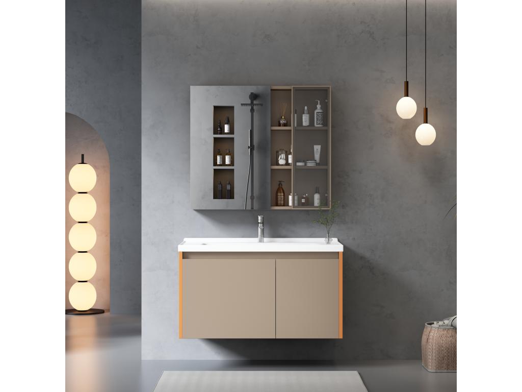 Conjunto de mueble con espejo y lavabo suspendido con nicho - lavabo empotrado - anchura 90 cm - madera MDF - marrón