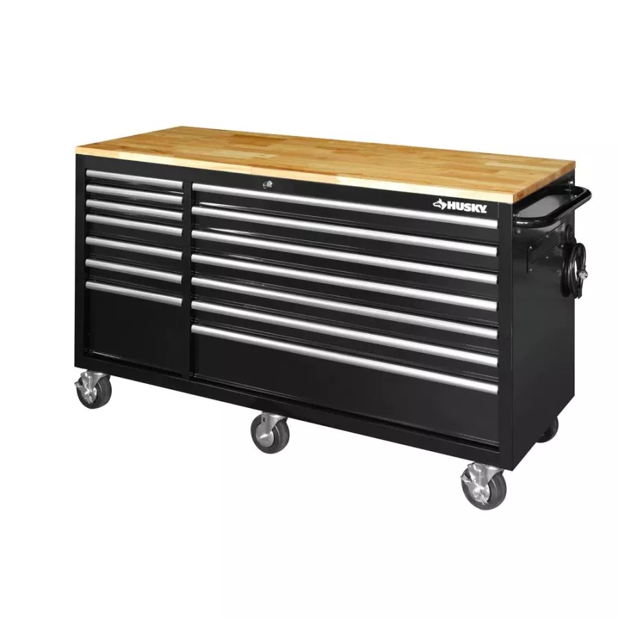 62 IN. W 14-DRAWER, DEEP TOOL CHEST MOBILE WORKBENCH IN GLOSS BLACK WITH SOLID WOOD TOP