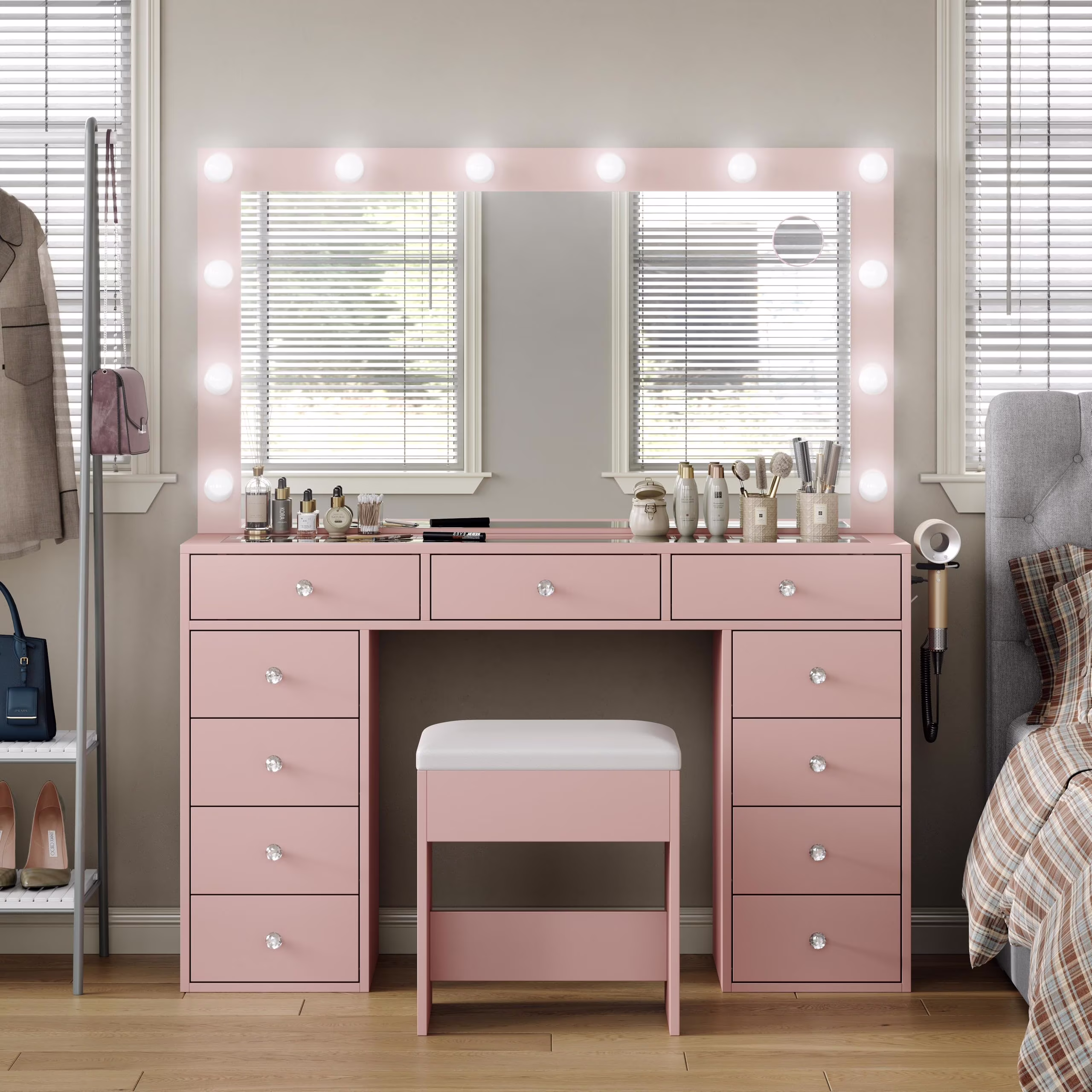 White Vanity Desk with Illuminated Mirror & Power Outlet, 11 Drawers Vanity Table with Chair, Makeup Vanity with 12 LED Lights, Tempered Glass Top, Dressing Table for Bedroom,Dressing Room - Image 3