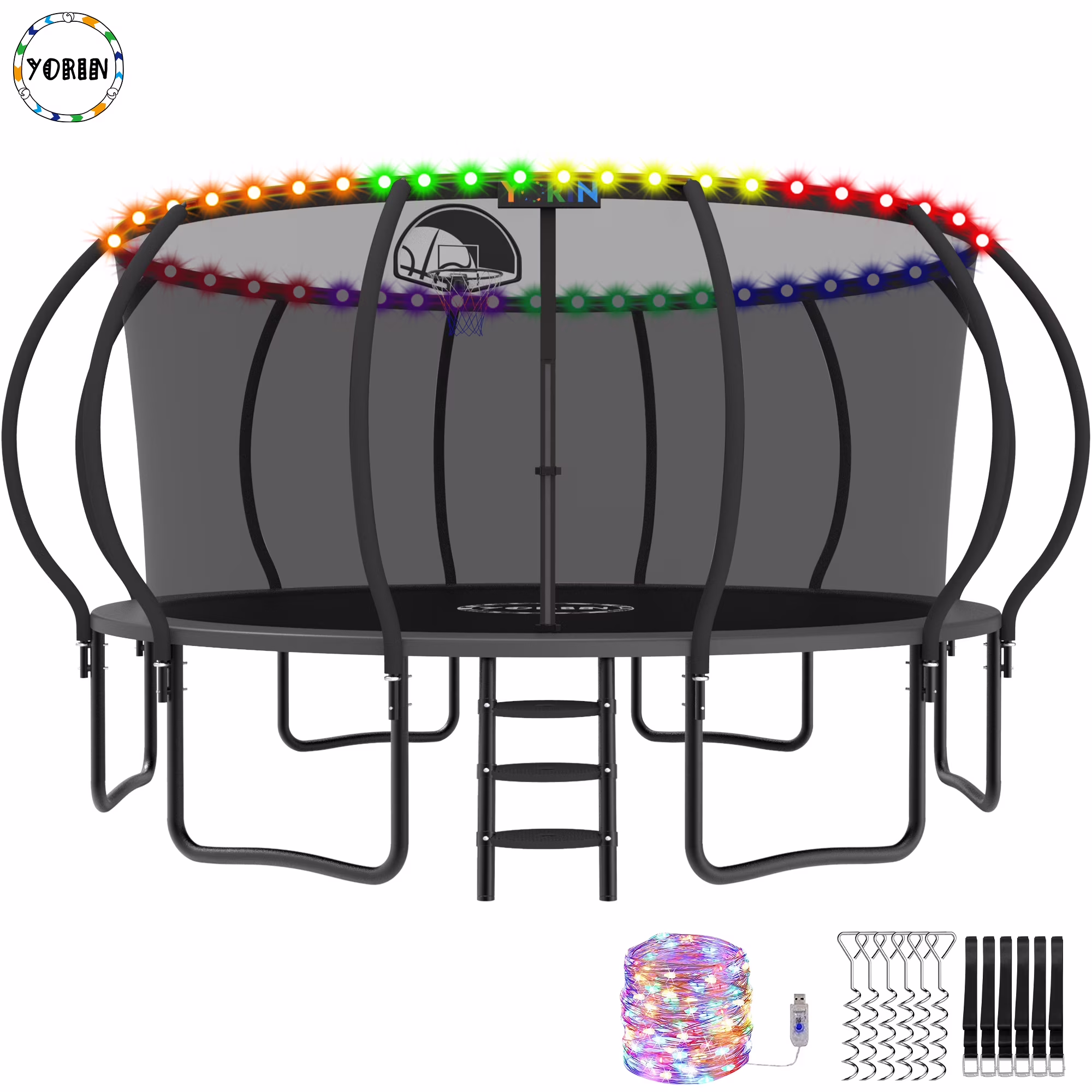 YORIN Trampoline with Trampoline Light, 1200LBS 12FT Trampoline for 5-6 Kids Adults, Recreational Trampoline with Basketball Hoop, Ladder, Galvanized Outdoor Heavy Duty Trampoline - Image 8