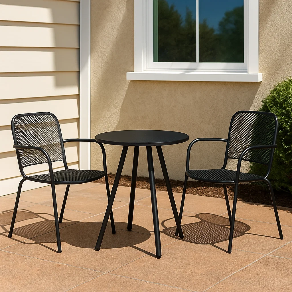 Muebles de salón para jardín, compuesto por 2 sillas y 1 mesa, material acero, color negro, para exterior,mesa diámetro 60x75 cm,sillas 45x45x85 cm - 9oGmtjMC95zU