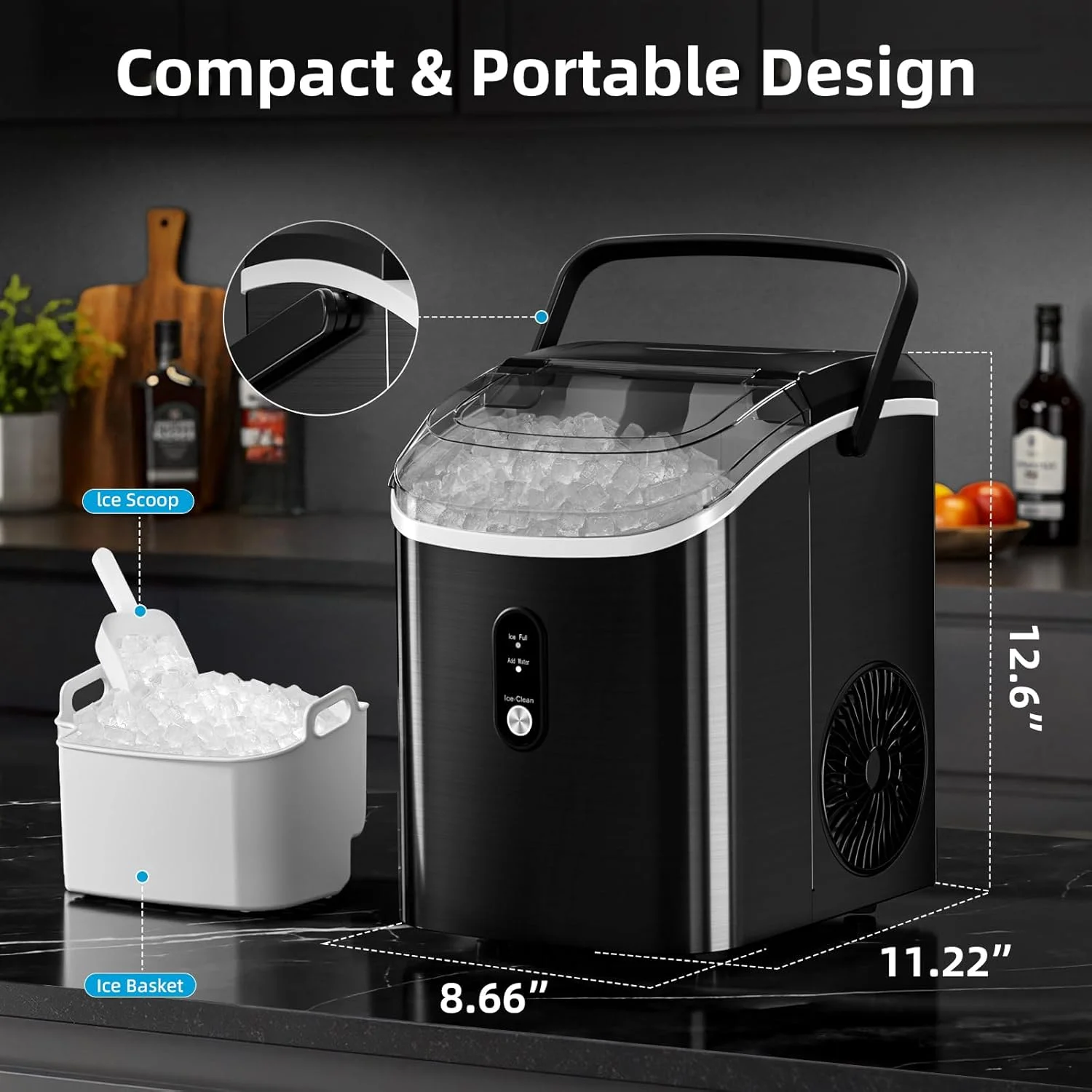 Auseo Nugget Ice Maker Countertop, Ready in 6 Mins ,35Lbs Each day with Self-Cleaning,Portable Sonic Ice Machine for Home/Office/Bar, Black - Image 9