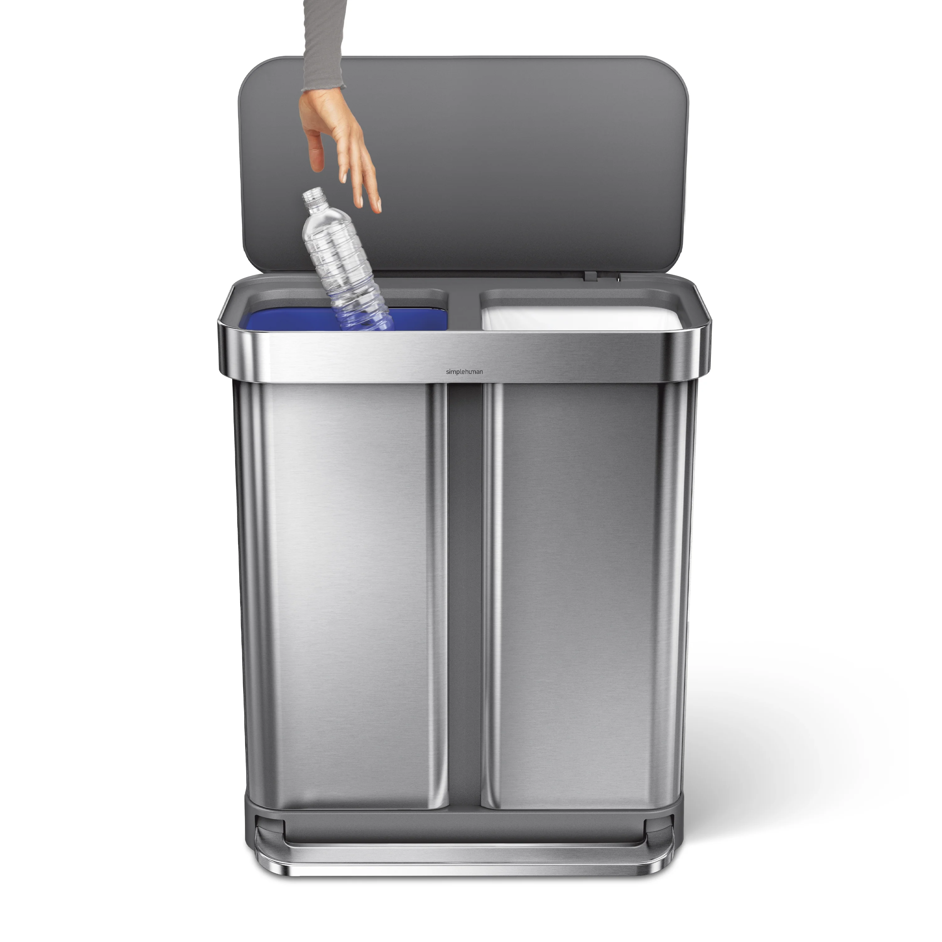simplehuman 58 Liter / 15.3 Gallon Rectangular Dual Compartment Recycling Step, Brushed Stainless Steel with Soft-Close Plastic Lid Kitchen Trash Can - Image 2