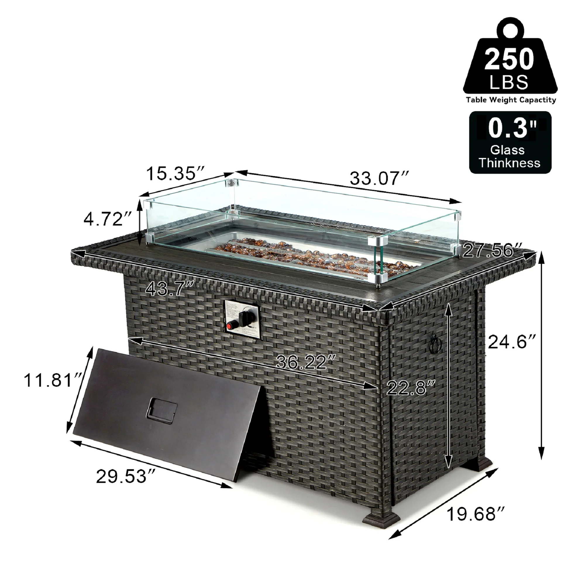 HOMREST Propane Fire Pit Table, 44 Inch 50,000 BTU Auto-Ignition Gas Fire Pit Table Rectangular /w Glass Wind Guard, Wood Plastic Composites Tabletop, CSA Certification Firepit for Outdoor Patio Lawn - Image 5