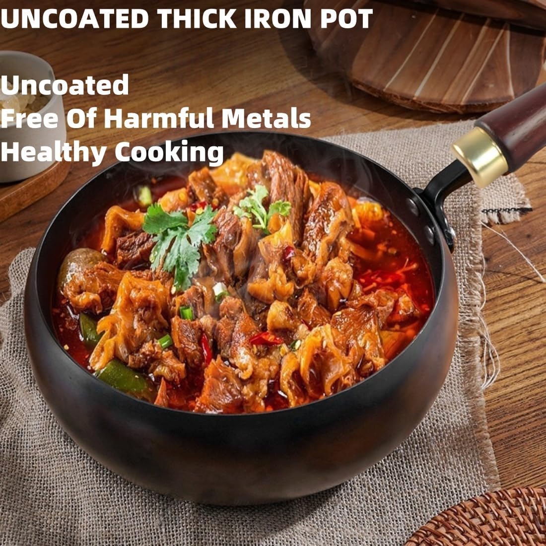 Iron Pot, 7.87-11.81 inch Uncoated Iron Pan with Lid, No Chemical Coated Flat Bottom Japanese Pans, Woks & Stir-Fry Pans Set for Induction, Electric, Gas (Wooden Lid, 7.87in)