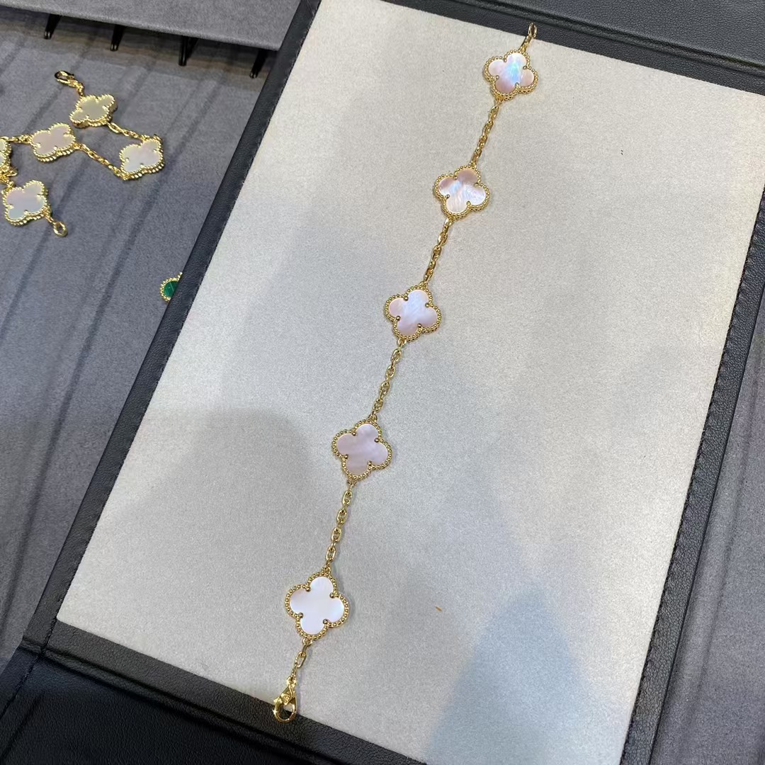 VCA Natural Pink Mother of Pearl Vintage Alhambra Bracelet, 5 Motifs - Original Replica Club