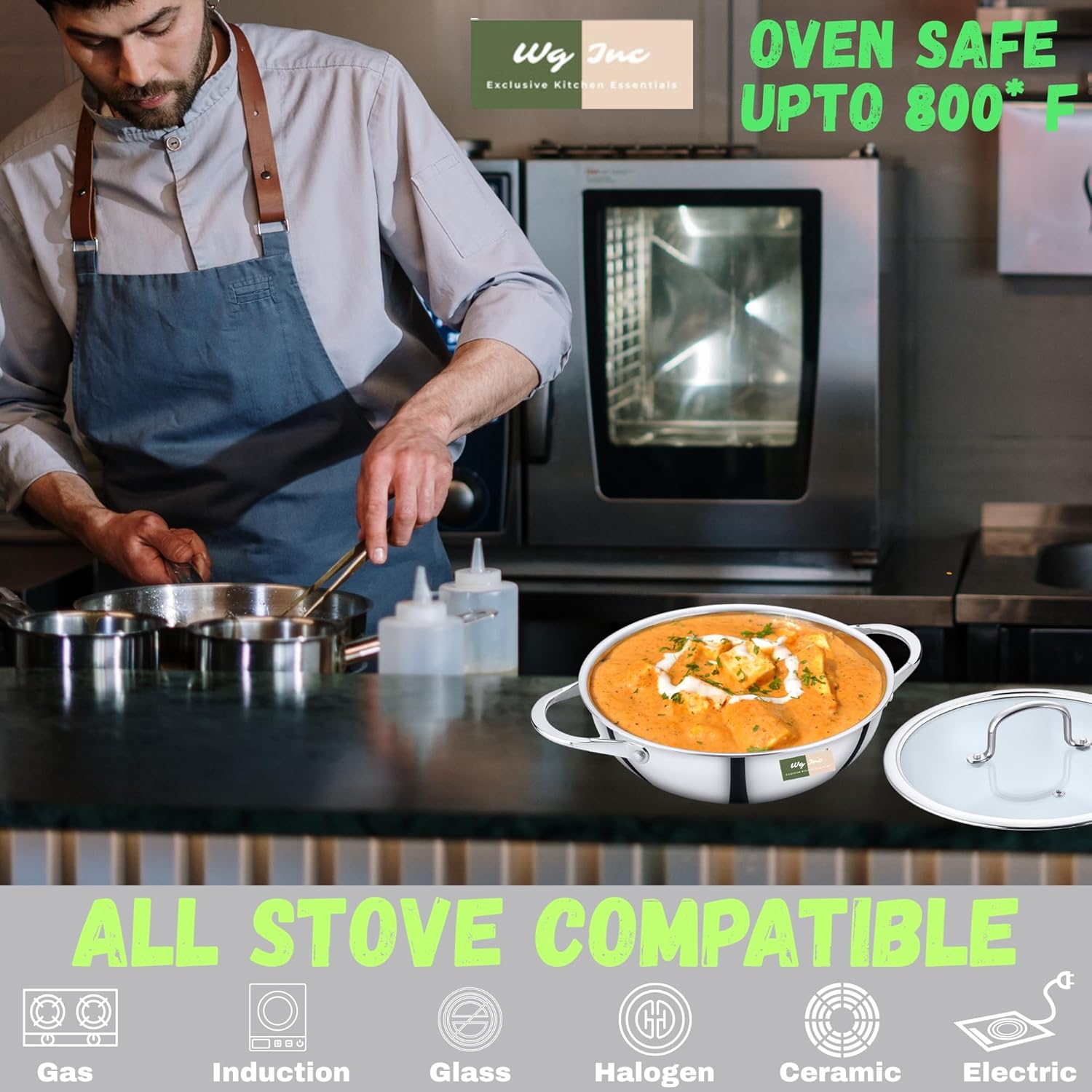 Stainless Steel Wok with Glass Lid, 5.2 QT - 12 Inch / 30 CM Tri-ply Kadhai, Large Wide & Deep Cookware Stir Fry Pans, Dishwasher & Oven Safe, Non Toxic Cooking Wok Pan, Induction Compatible