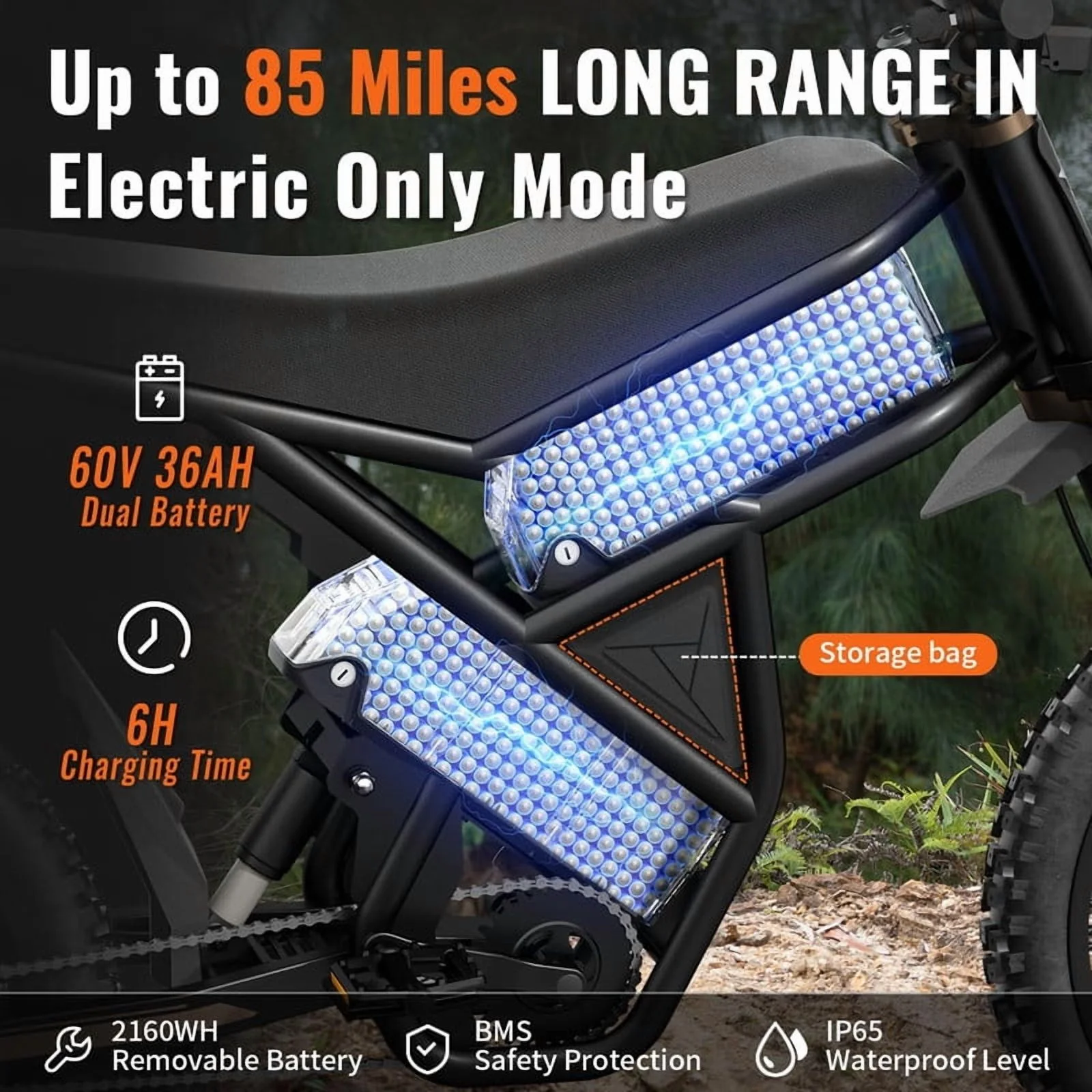 GT73 PRO 338 NM Electric Dirt Bike for Adults,3000W(Peak)Dual Motor 50Mph Max Speed,60V 50MPH 36.4AH Dual Battery Ebike,85 Miles Range, 25" Motorcycle Tires, All-Terrain for Mountain, Snow, UL2849 - Image 8