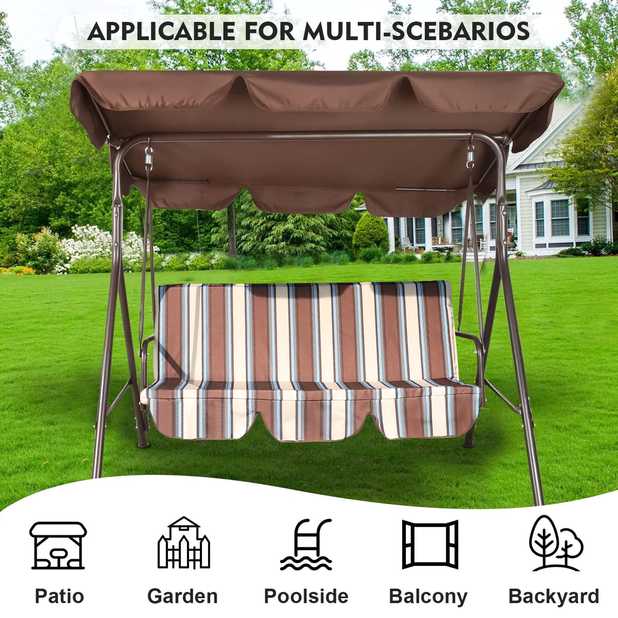 GVDV 3-Seat Steel Porch Paito Swing with Stand,Outdoor Swing Chair with Canopy,Yard swing&Outside swing,Canopy Swing-Brown - Image 18