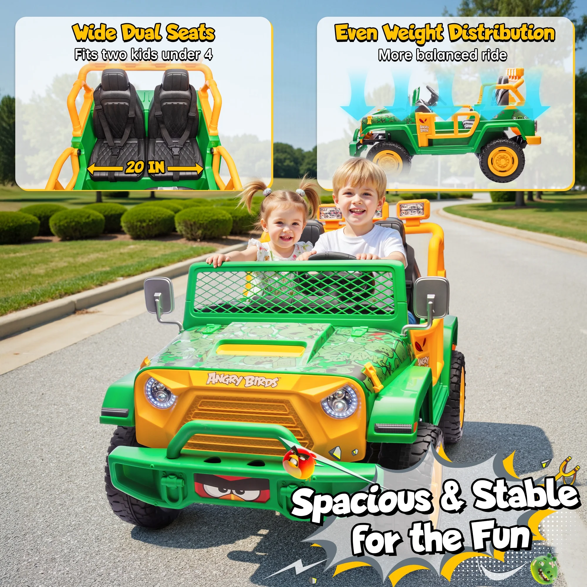 Joyracer 24 Volt Ride on Toys for Big Kids, Licensed Angry Birds Ride on Truck with Remote, 2 Seater 4WD Electric Ride ons with Shovel, Bluetooth, Lights, Power Car Wheels for 3-8, 130lbs, Green - Image 7