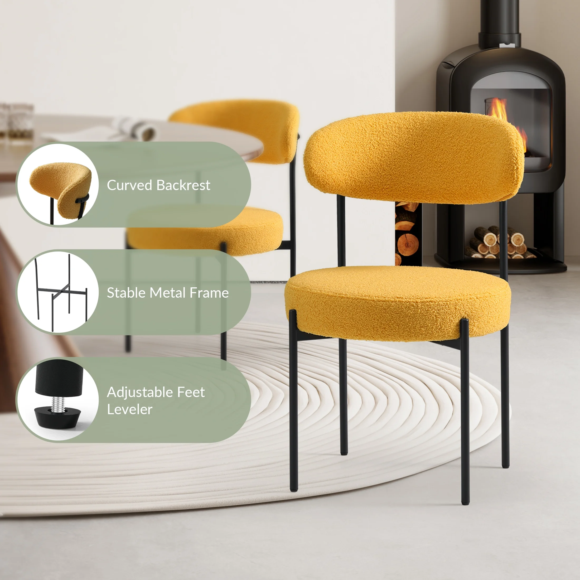 WestinTrends Alexandria Mid-Century Modern Upholstered Sherpa Round Dining Chairs (Set of 4), Sunset Gold - Image 2