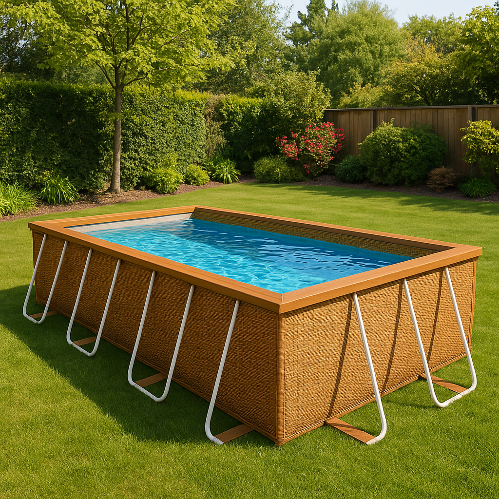 Rectangular Sí Piscina PVC Metal Jardín Piscina tubular rectangular marrón ratán PVC y metal para jardín 732x366x132 cm