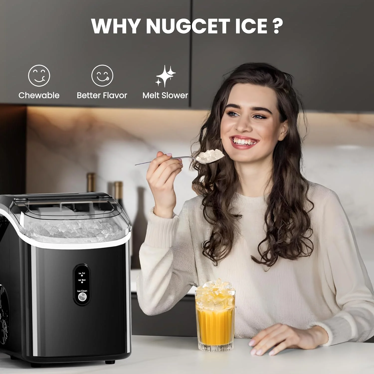 Auseo Nugget Ice Maker Countertop, Ready in 6 Mins ,35Lbs Each day with Self-Cleaning,Portable Sonic Ice Machine for Home/Office/Bar, Black - Image 8