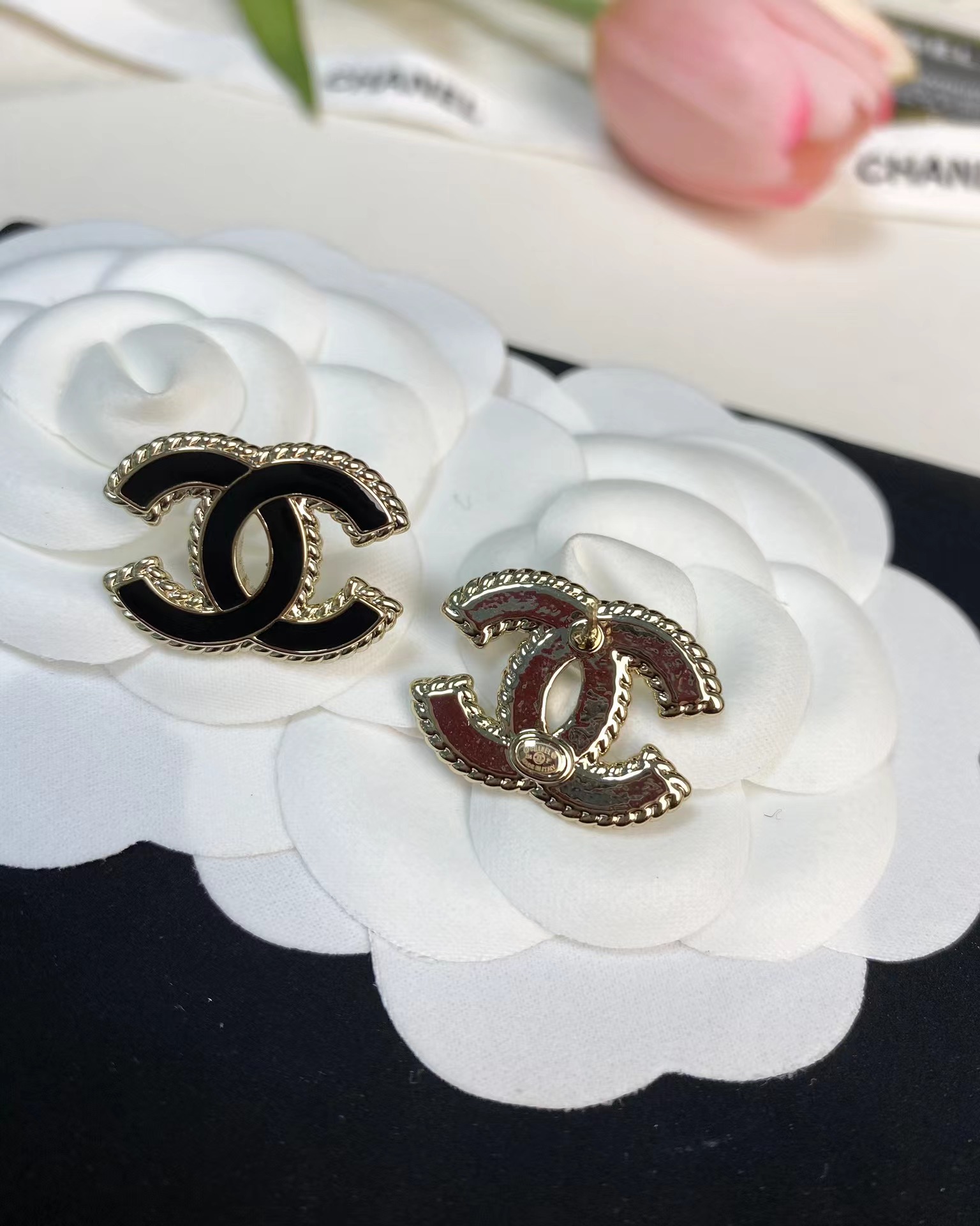Chanel Gold Edge Black Double C Earring - Original Replica Club