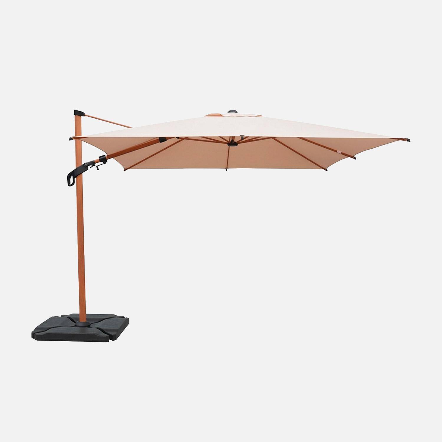 Etretat + Base 50 - Parasol excéntrico cuadrado mástil efecto madera, 3x3m + placas de lastre 50x50cm