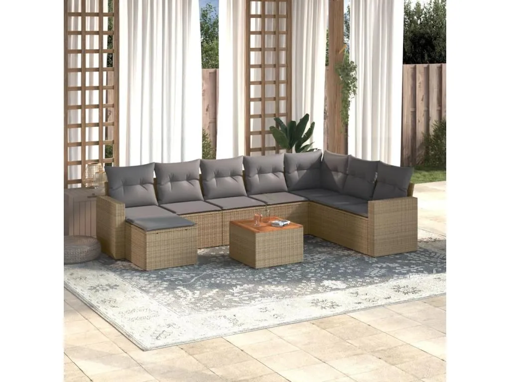 Juego de sofás jardín con cojines beige mezcla 9 pzas ratán PE bzbt48556