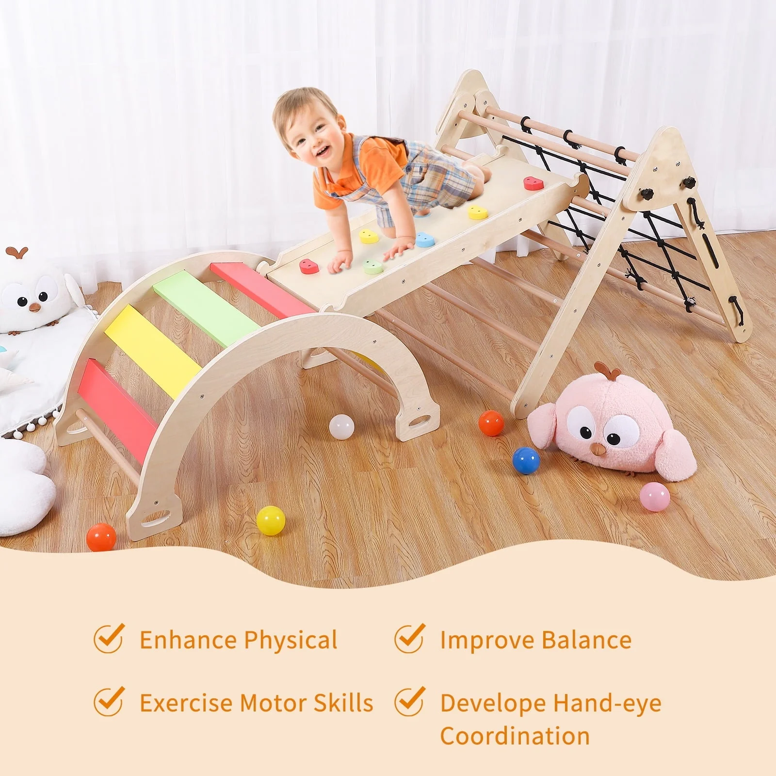 EastVita Toddler Indoor Gym Playset 2-in-1 Wooden Climbing Toys Triangle Folding Climbing for Climbing Sliding for Boys and Girls - Image 3