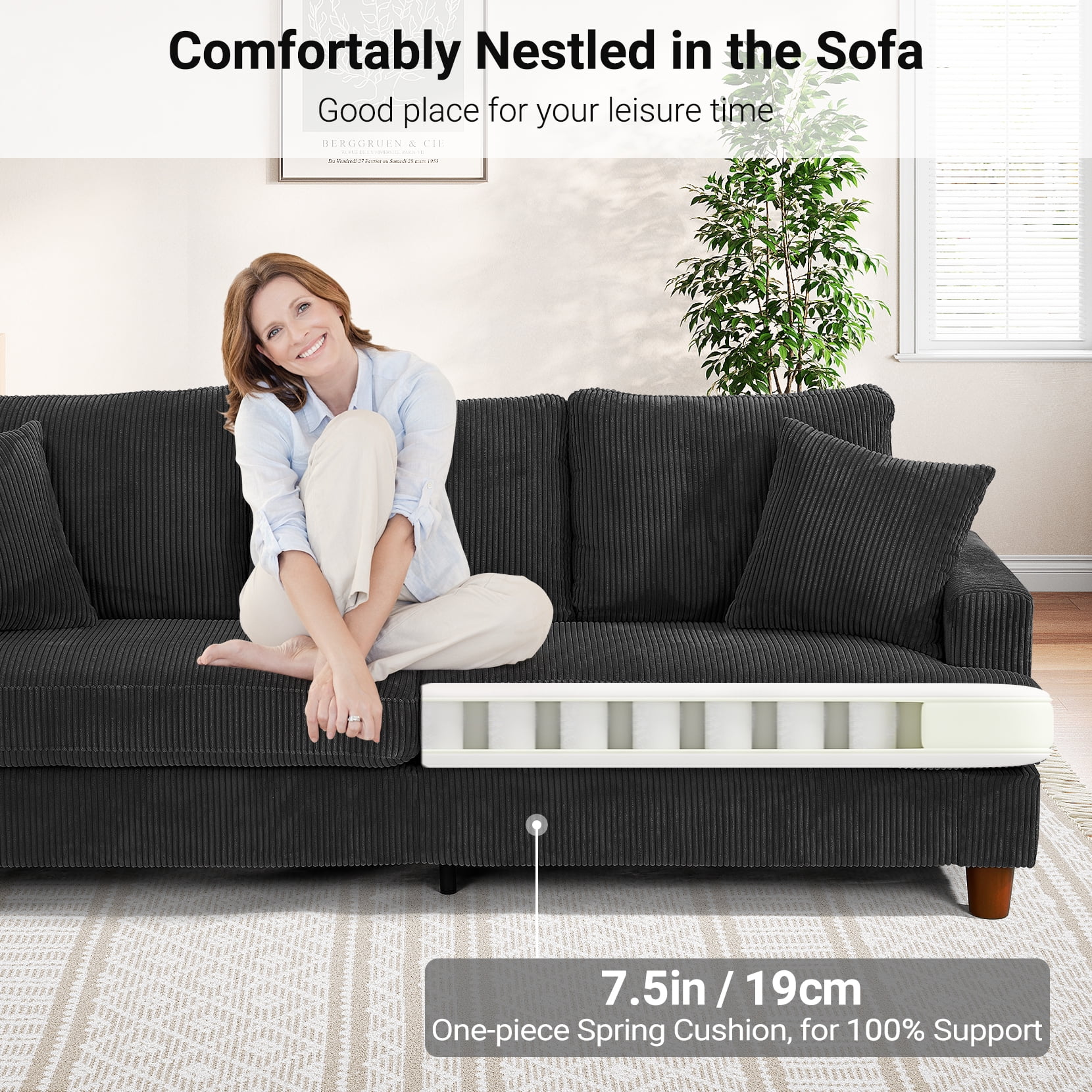 87" Corduroy Sofa,3 Seater Sofa with Extra Deep Seats,Neche Comfy Upholstered Couch for Living Room,2 Pillows,Green - Image 34