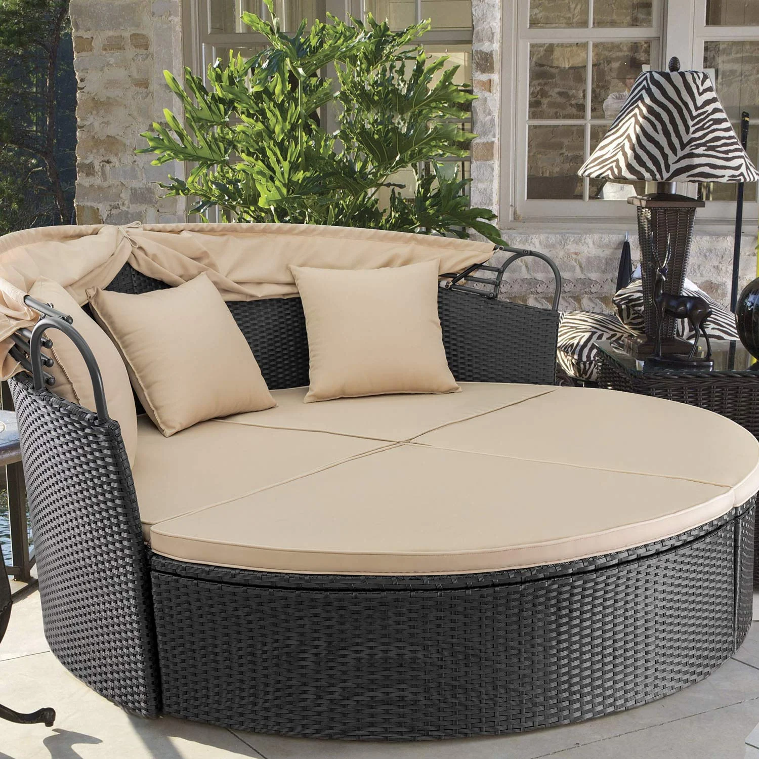 Lacoo Outdoor Patio Round Daybed with Retractable Canopy Wicker Furniture Sectional Seating with Washable Cushions for Patio Backyard Porch Pool Daybed Separated Seating (Beige) - Image 4