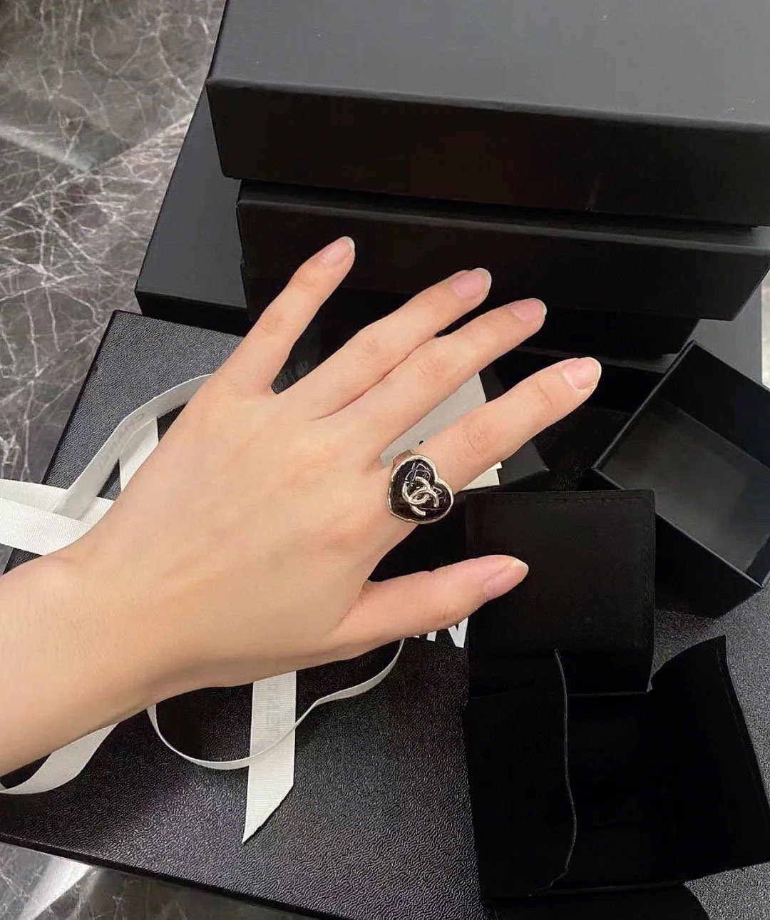 Chanel Large Quilted Black Heart Ring - Original Replica Club