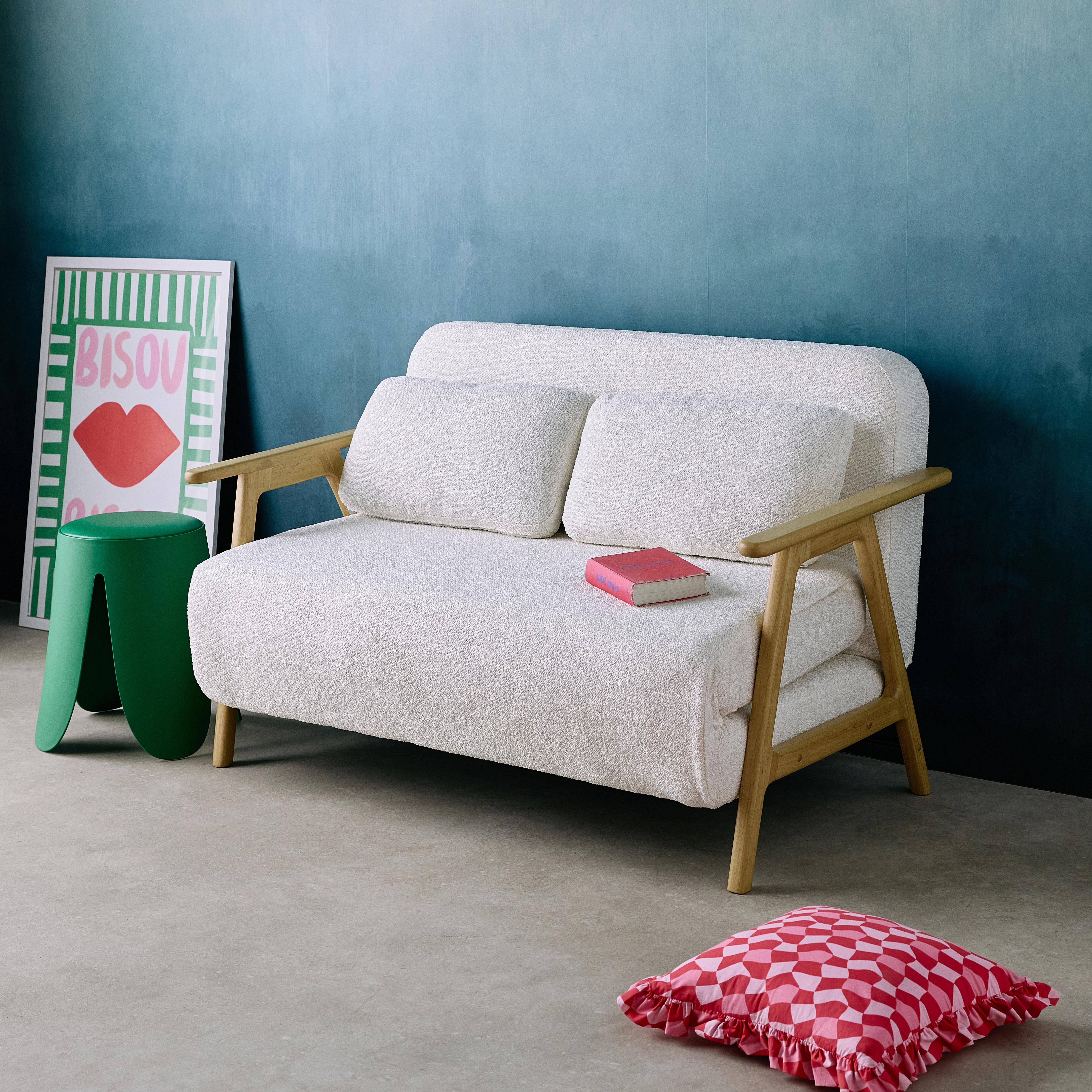 Sven - Sofá cama en borreguito y madera, 2 plazas