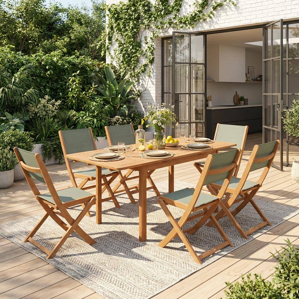 Arbo + Almeria - Conjunto mesa de jardín extensible de madera de eucalipto con 6 sillas