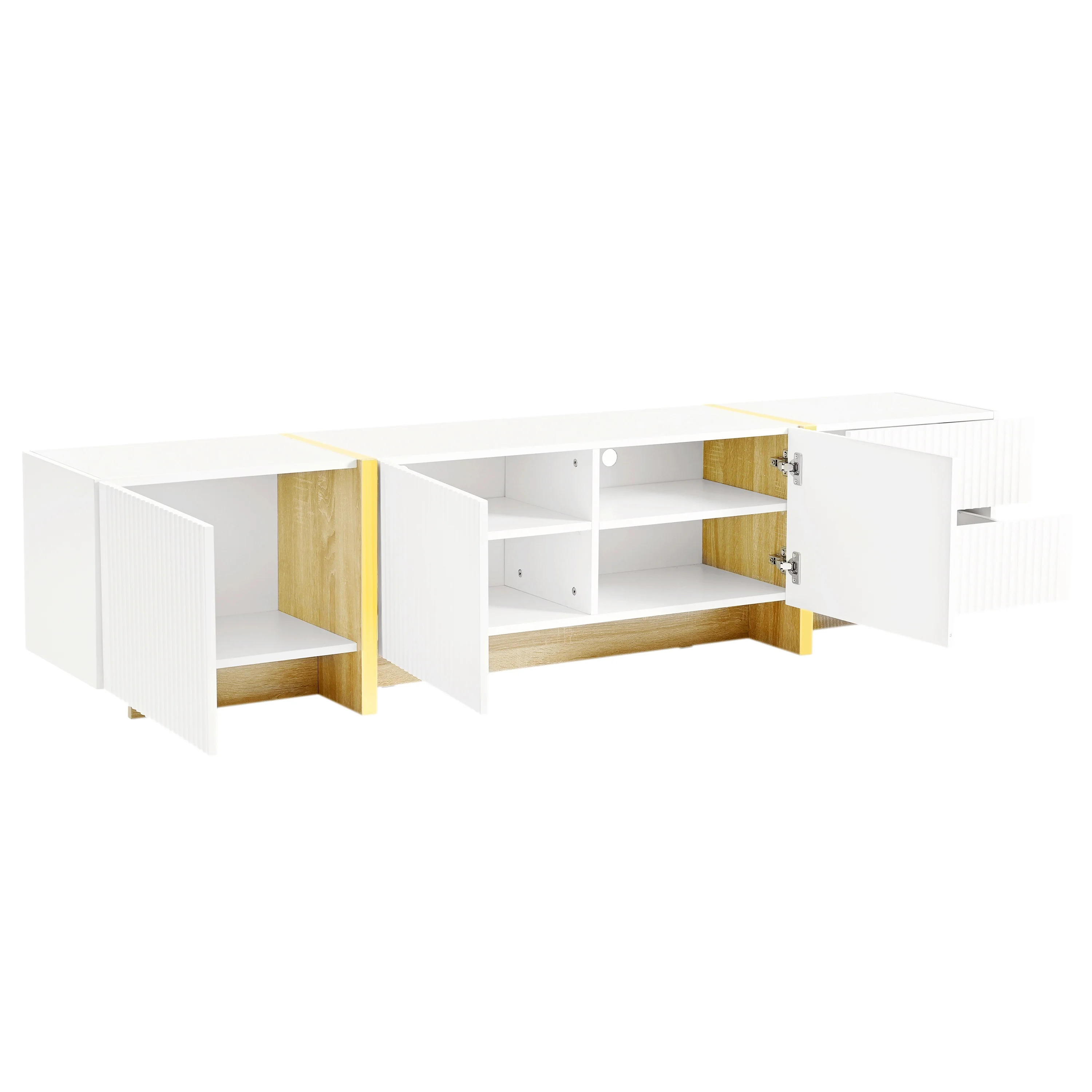 Luxury Fluted TV Stand for TVs Up to 80'', Modern Entertainment Center with Storage Cabinets & Drawers, Smooth Media Console with lden Wood Grain Legs for Living Room, White - Image 2