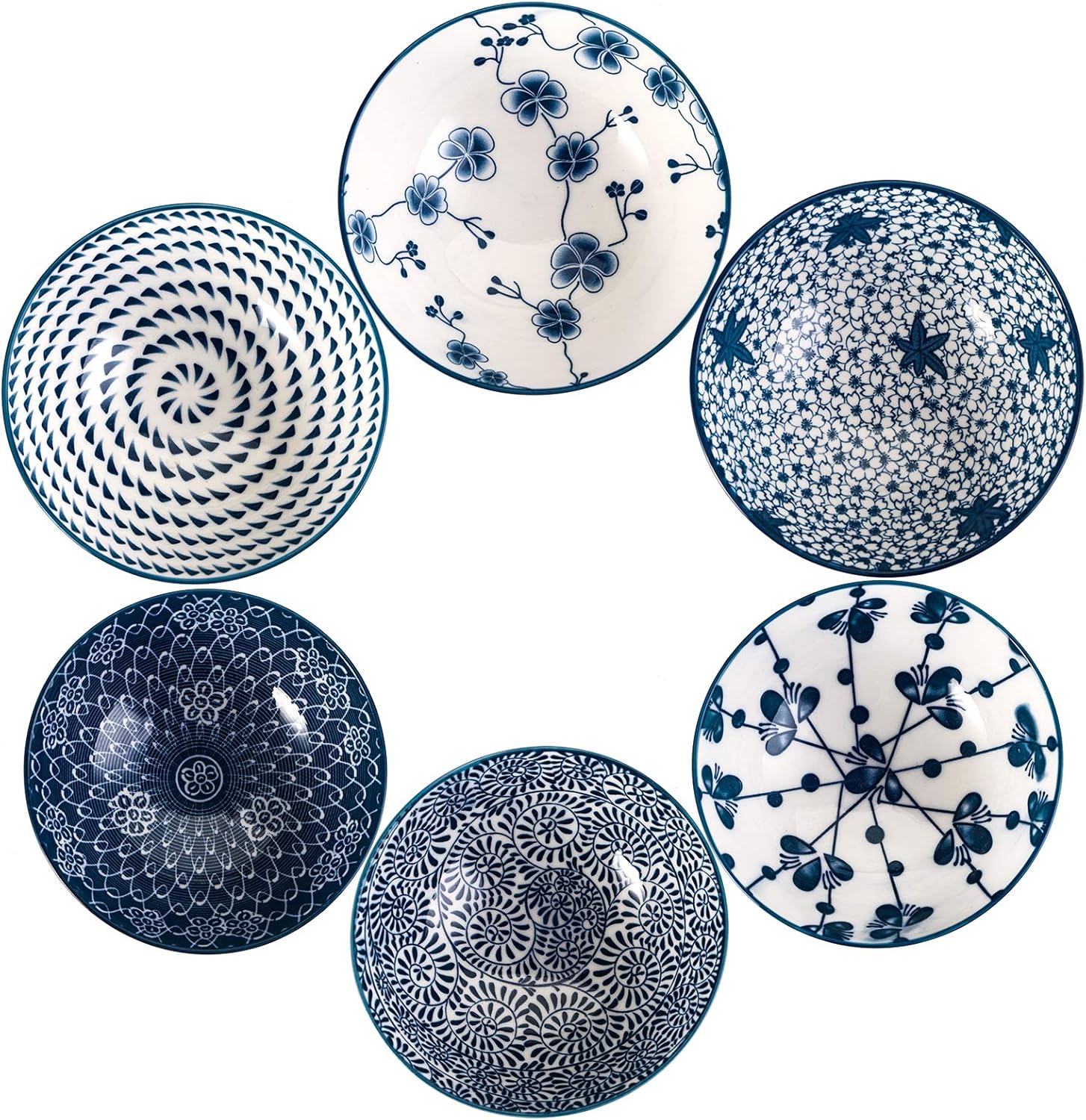 Foraineam 6 Pieces Blue and White Floral Rice Bowl Set 8 oz Japanese Style Cereal Bowls, Assorted Designs