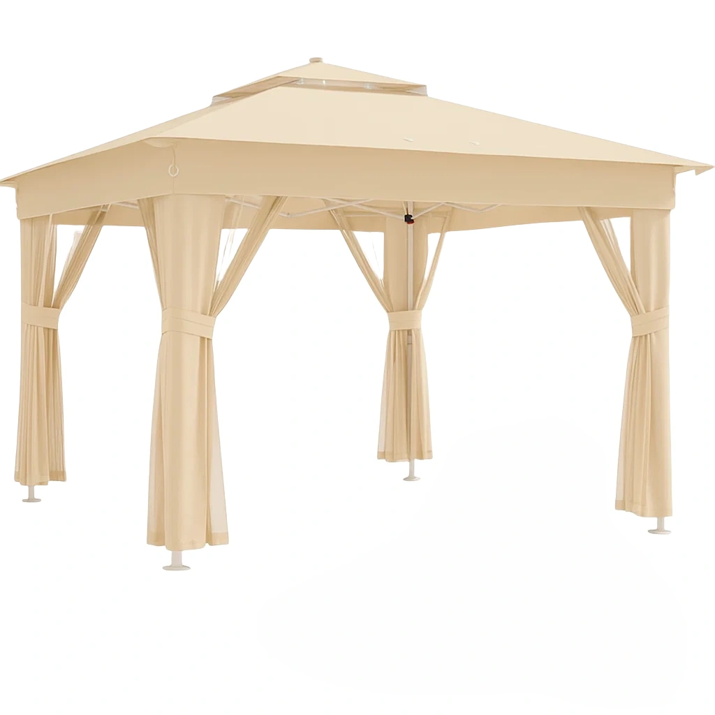 Pérgola con cortinas 3x3m beige estructura de acero para terraza y jardín - XrhSmmF152kE