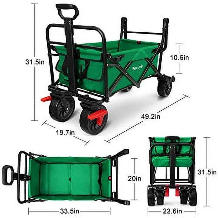 BEAU JARDIN Folding Wagon Cart With Brake Free Standing Collapsible Utility Camping Grocery Canvas Fabric Sturdy Portable Rolling Buggies Outdoor Garden Sport HeavyDuty Shopping Cart Push Wagon Green - Image 7