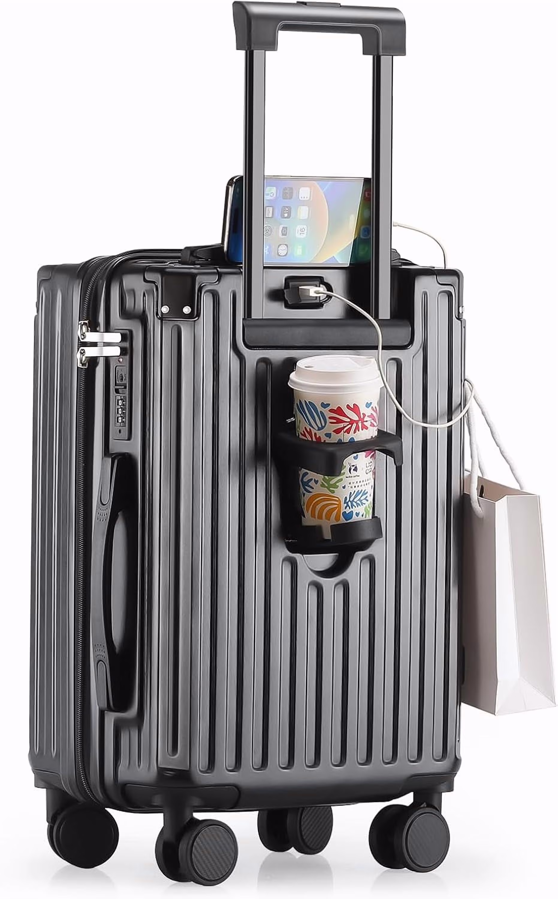 20 Inch Carry On Luggage With Cup Holder & USB Port, Airline Approved TSA-locked Luggage, Lightweight PC Material Travel Suitcase With 360- Spinner Wheel - Image 3