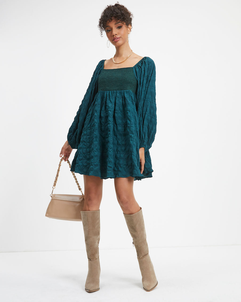 Lost In A Maze Textured Knit Babydoll Dress - Pine - Se7enfashion