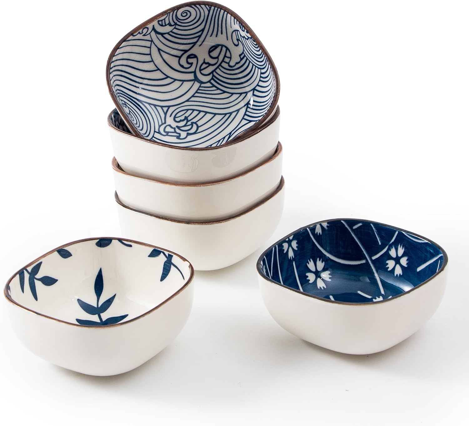 Ceramic Dipping Bowls Set of 6, 5OZ Small Soy Sauce Dishes, Japanese Style Square Pinch Bowls for Sushi Sauce Ketchup BBQ, Oven Microwave Dishwasher Safe, 3.6Inch (Blue Ocean)