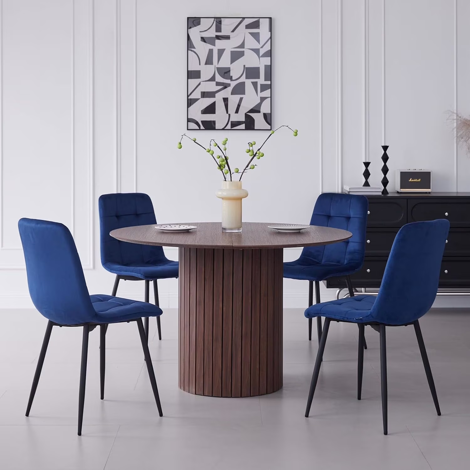 5 Piece Round Dining Table Set - Mid-Century 47 inch Oak Dining Table with 4 Brown Faux Leather Chairs Set, Dinner Table & Chair with Metal Legs for Kitchen Dining Room, Apartment, Bedroom - Image 7