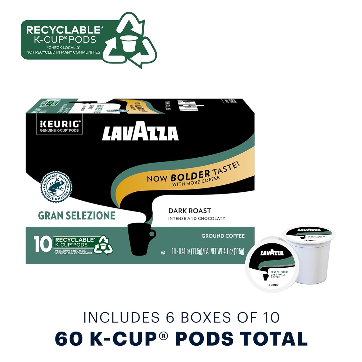 Lavazza Gran Selezione Single-Serve Coffee K-Cup® Pods for Keurig® Brewer. Dark Roast. 10 Count Box. (Pack Of 6) 100% Arabica. Rainforest Alliance Certified 100% sustainably grown. Value Pack
