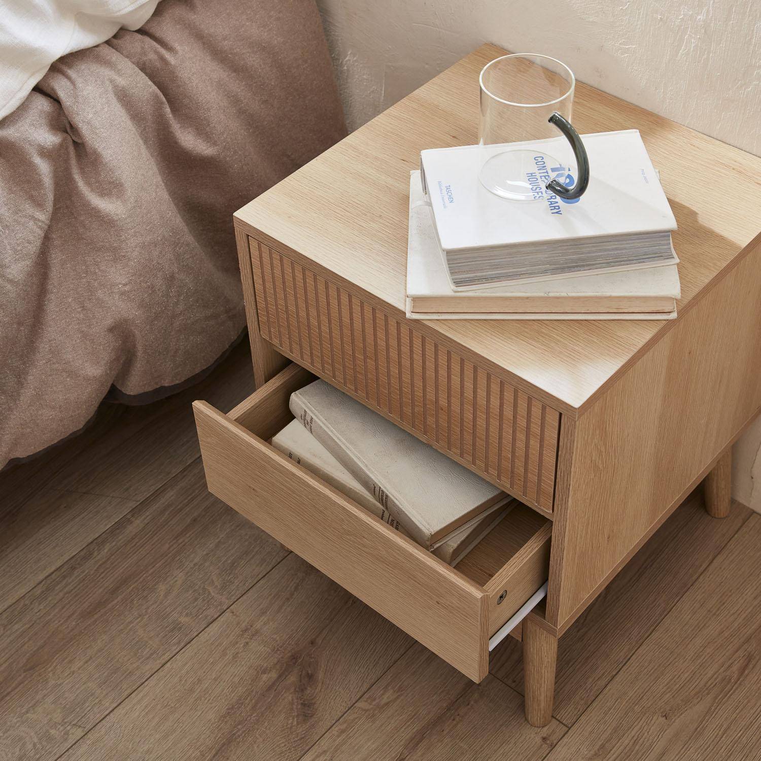 Linear - Mesita de noche con efecto madera, 2 cajones