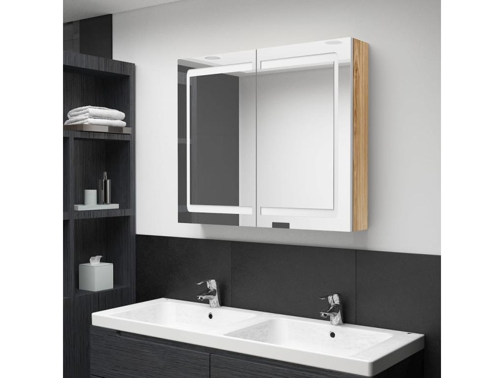 Armario de baño con espejo LED blanco y roble 80x12x68 cm