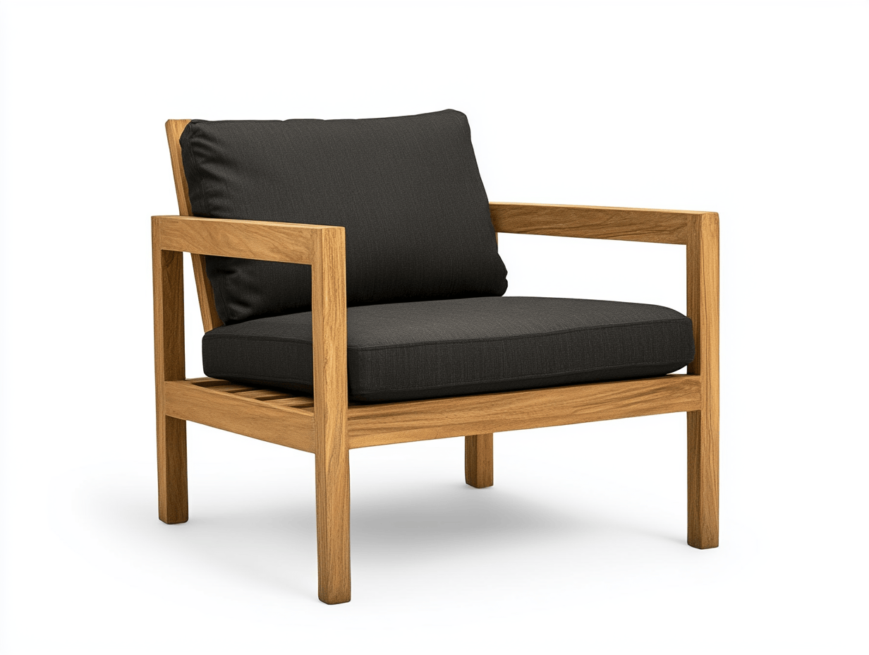 Sillón cuadrado de exterior con cojines, madera de teca y tela, 75x70x78cm, color madera natural y cojines negros, uso en jardín, terraza o porche