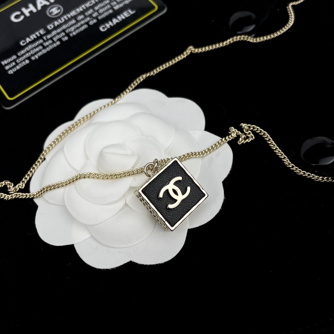 Chanel Black Square Tag Pendant Necklace Minimalist - Original Replica Club
