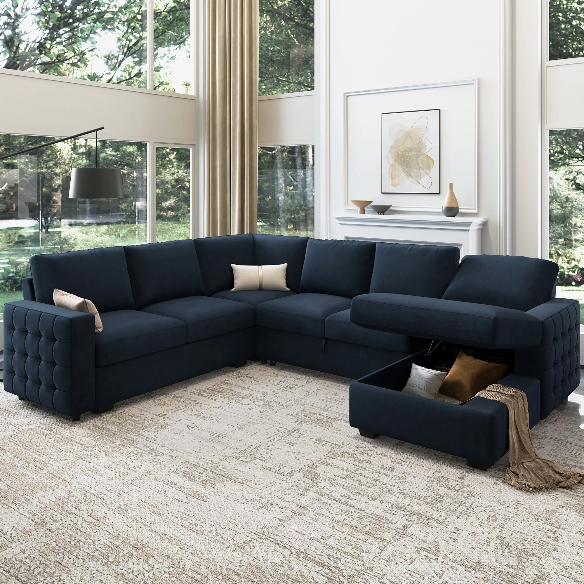 HONBAY Modular Sectional Pull-Out Sofa Bed with Storage Velvet U-Shaped Convertible Sleeper Sofa for Living Room, Blue - Image 63