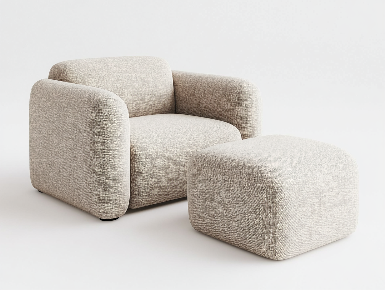 Sillón moderno de interior con reposapiés, tapizado en tela beige tipo bouclé