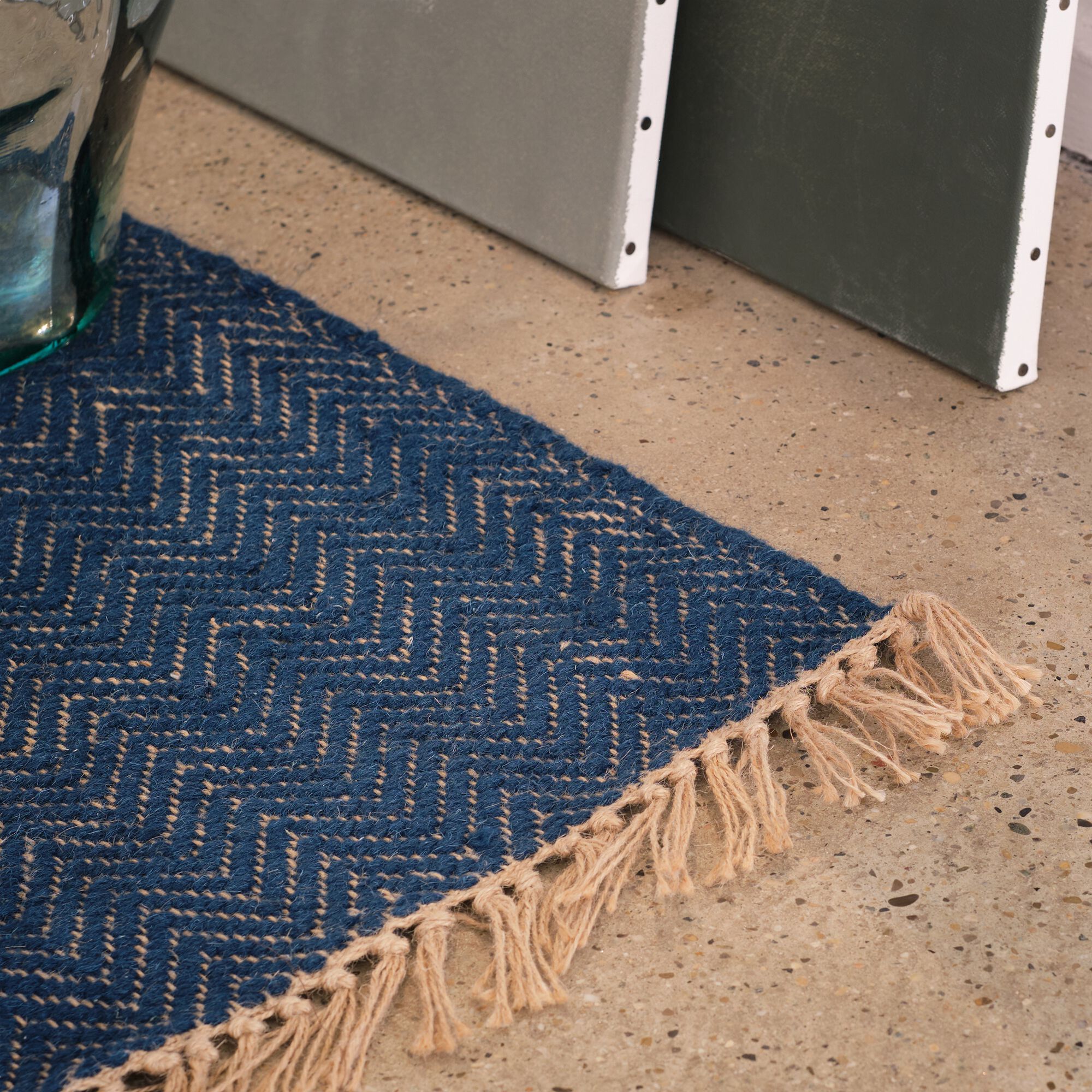 TURAU - Tapis de couloir et laine et jute - bleu figuerolles 60x200cm