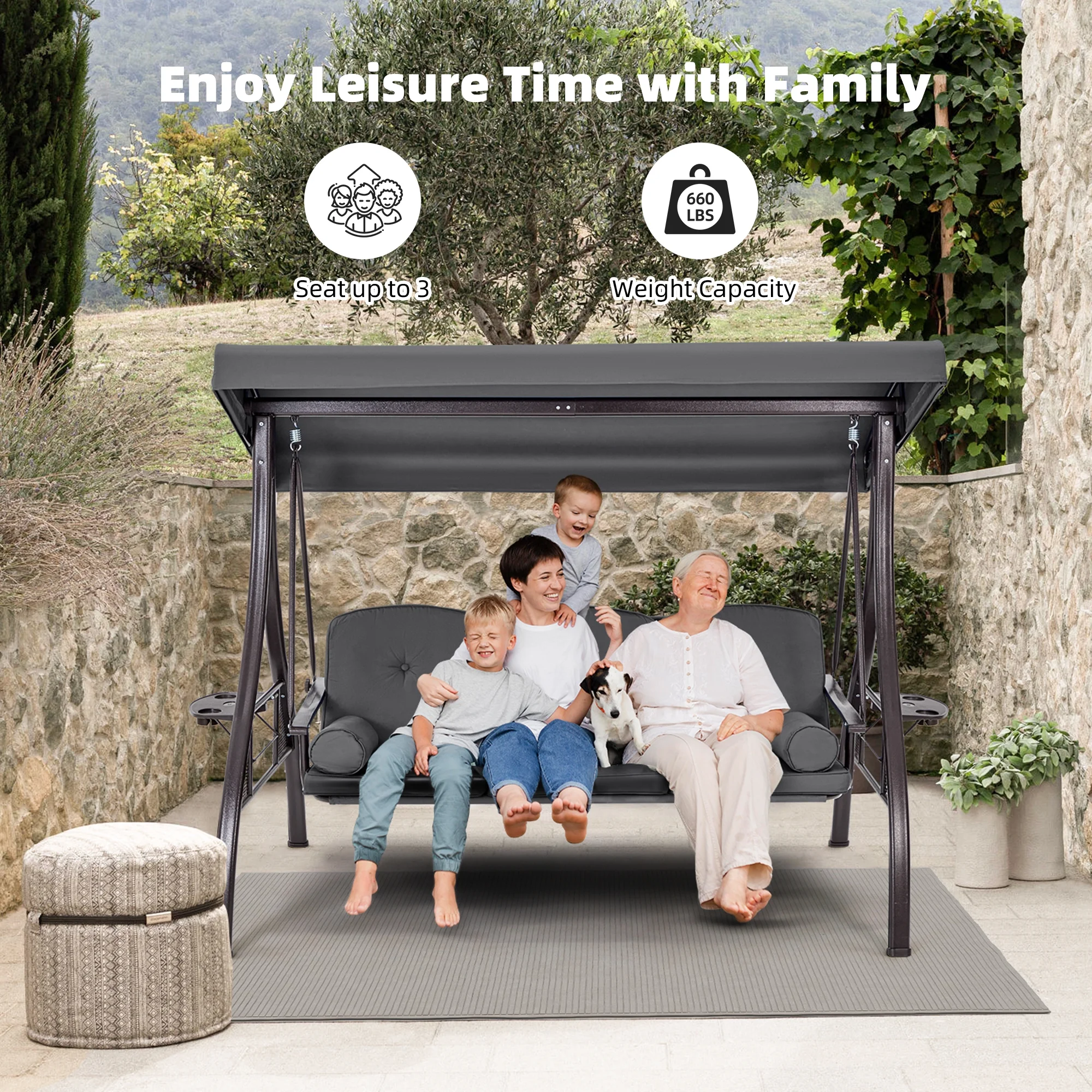 Homrest 3 Person Patio Outdoor Porch Swing with Adjustable Canopy, Backrest, Swing Bed with Stand for Garden,Deck - Image 42