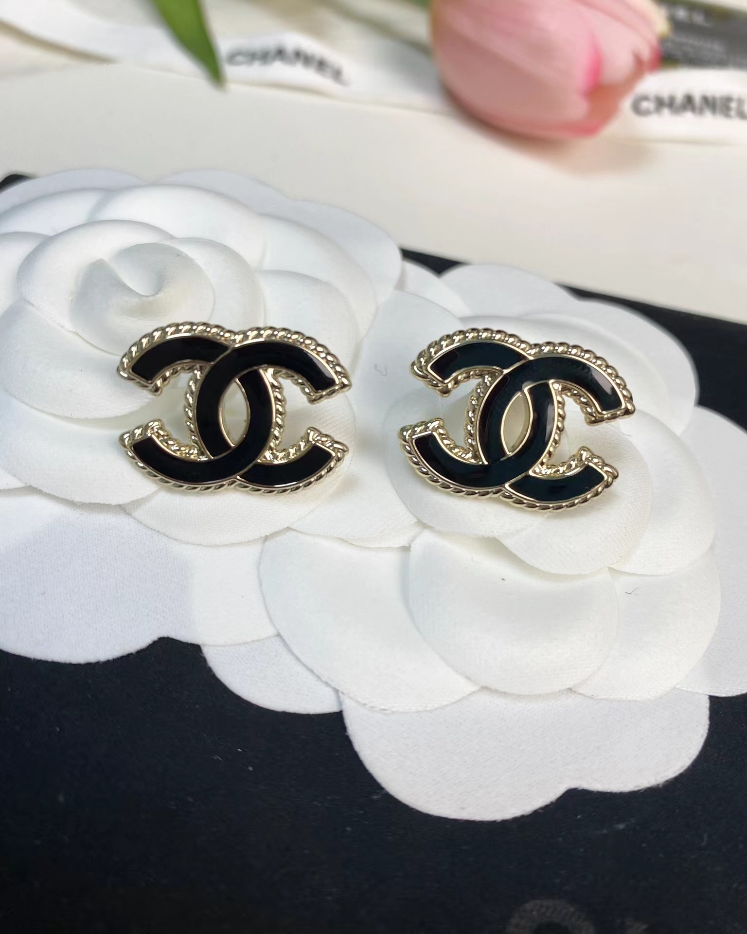Chanel Gold Edge Black Double C Earring - Original Replica Club