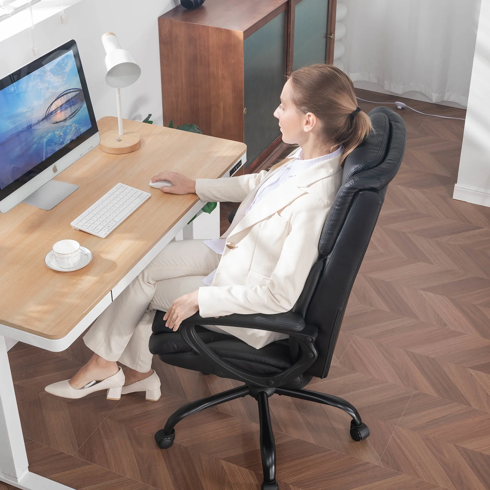 Mainstays Executive Ergonomic High Back Leather Home Office Desk Chair, Black - Image 8