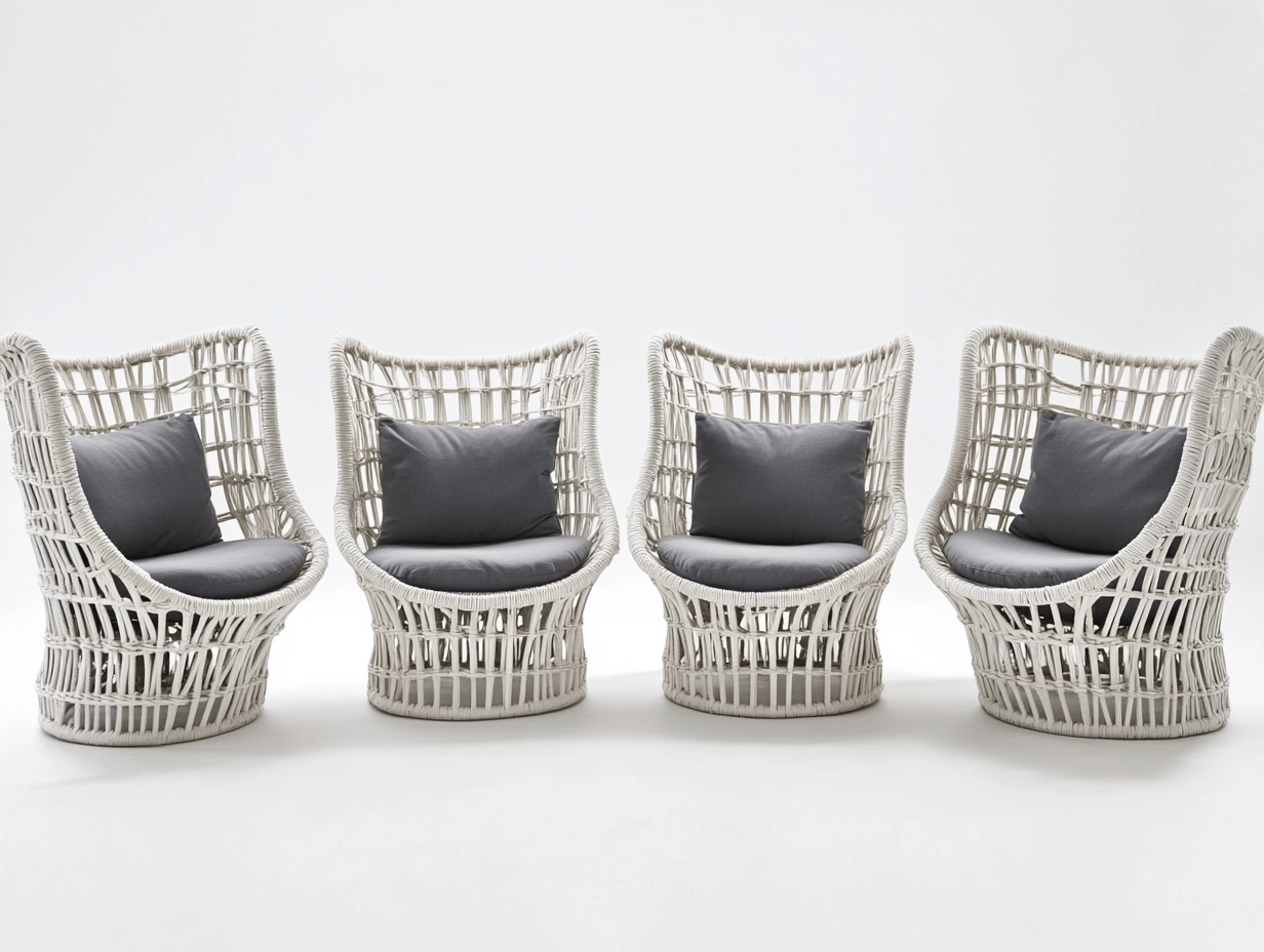 Sillón de exterior con reposabrazos (×4) – estructura de ratán blanco – cojín y respaldo gris – diseño envolvente de estilo bohemio moderno