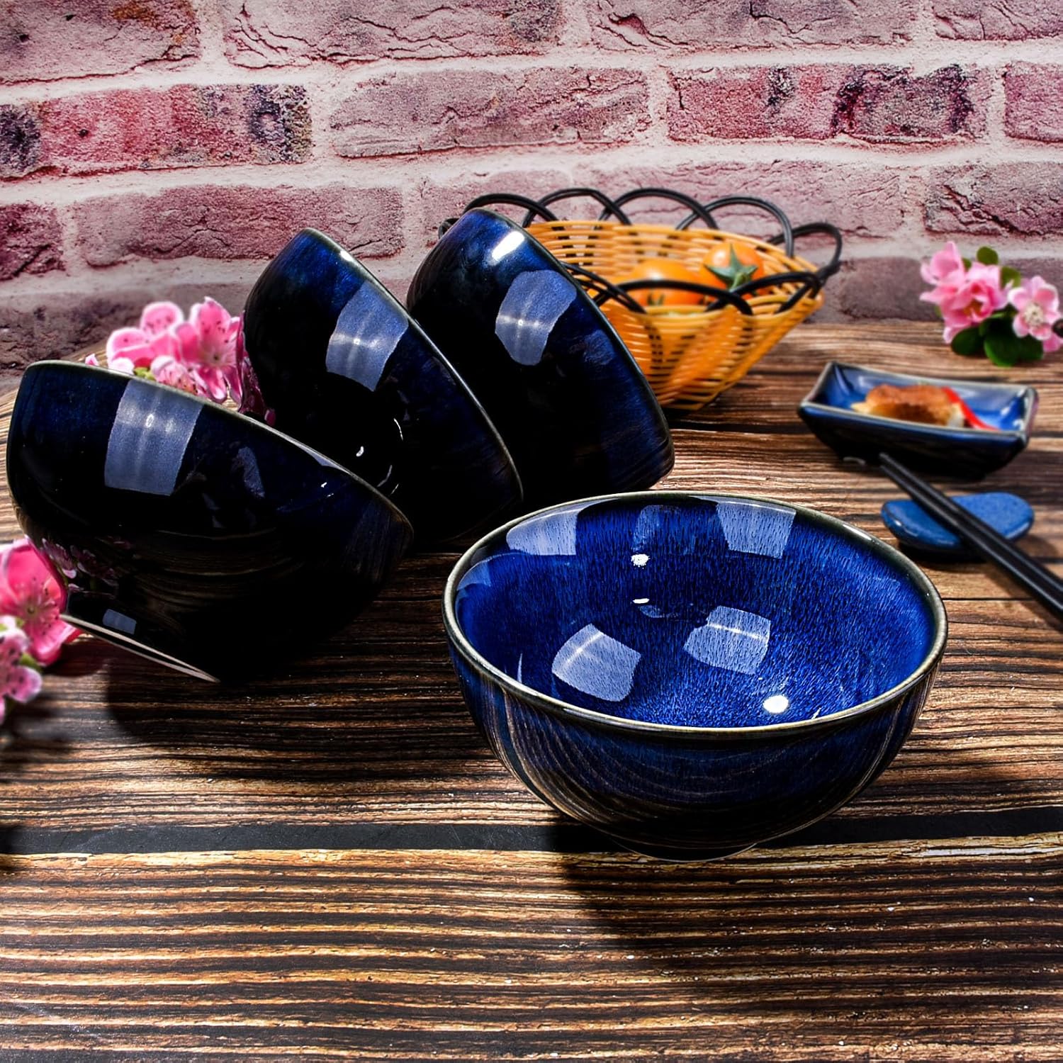 Ceramic Rice Bowl Set of 4 Blue Cereal Bowls for Soup Rice Oat Microwave and Dishwasher Safe