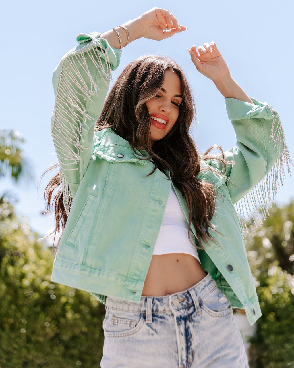Diamond Rodeo Rhinestone Denim Jacket - Mint Green - FINAL SALE - Se7enfashion