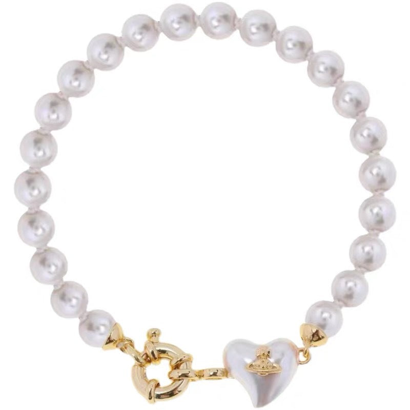 Vivienne Westwood Heart Charm Anchor Clasp Pearl Bracelet - Original Replica Club