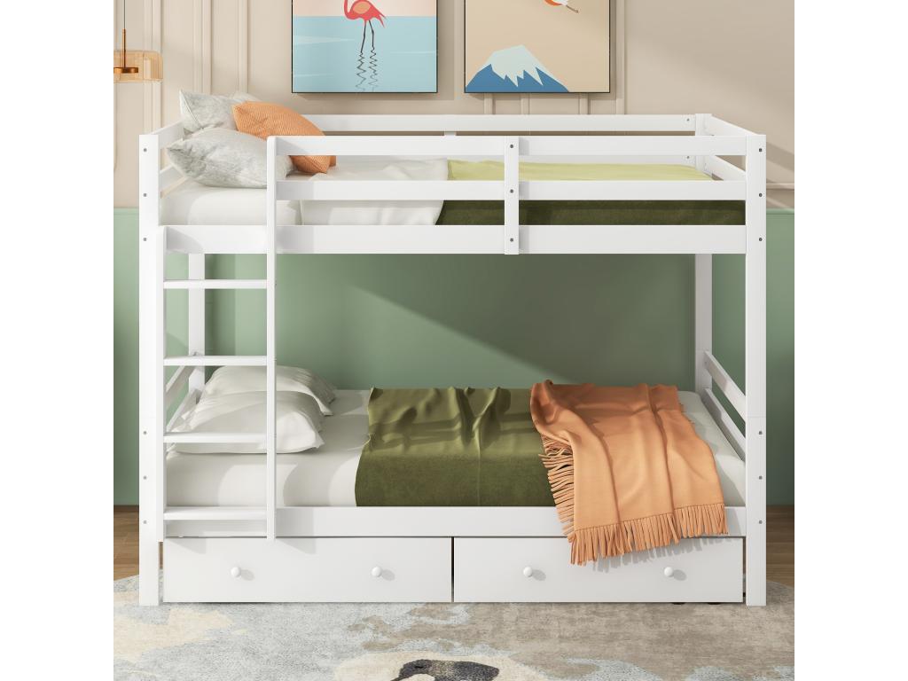 Litera 140x200cm, cama infantil con 2 cajones, escalera, barandillas altas, blanco